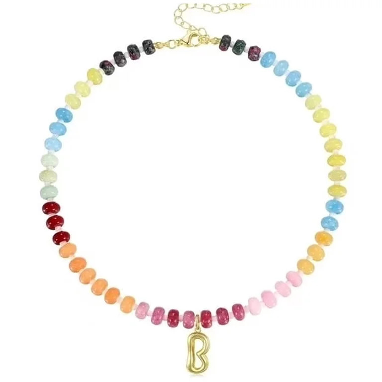 Women's Initials Necklace, Colorful Beaded Gemstone Bubble Letter Pendant Necklace Natural Stone ... | Walmart (US)