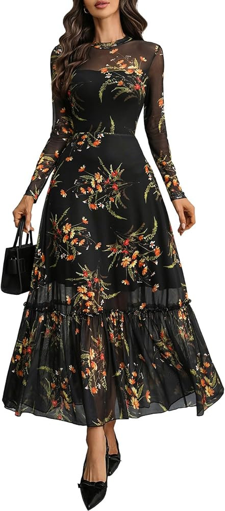 GothDark Womens Floral Ruffle Hem Long Sleeve Fall Wedding Guest Maxi Dress | Amazon (US)
