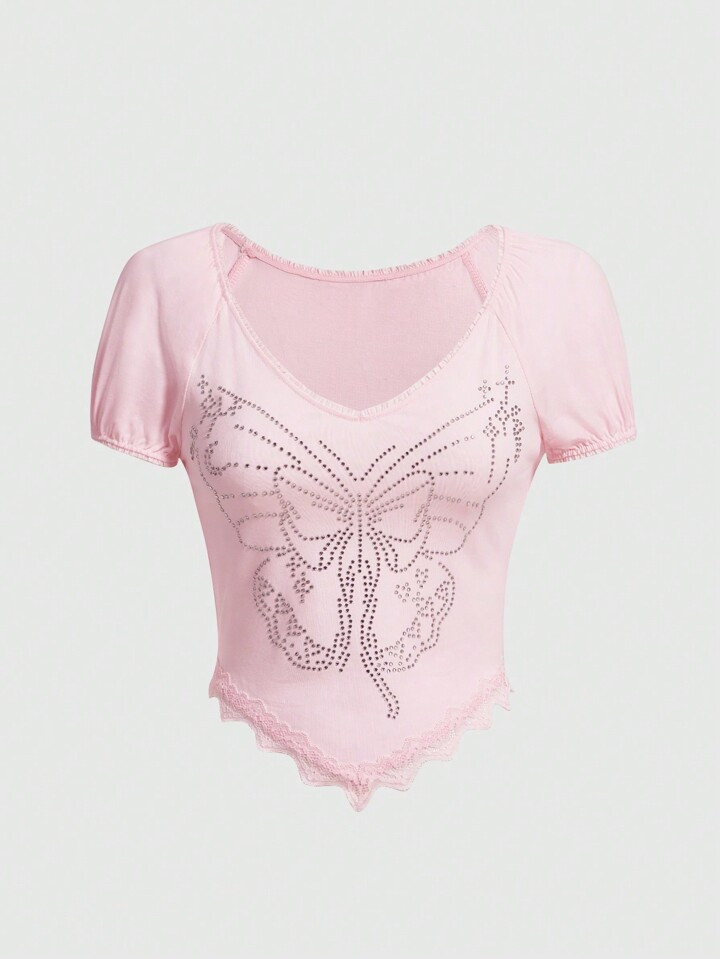 ROMWE Fairycore Butterfly Rhinestone V-Neck Tee With Lace Hem | SHEIN