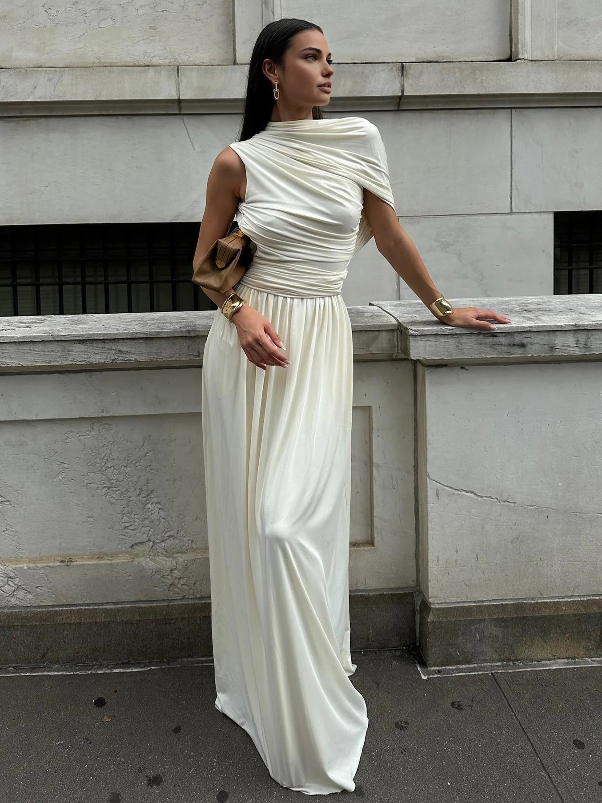Asymmetry Pleat Sleeveless Long Dress | Commense