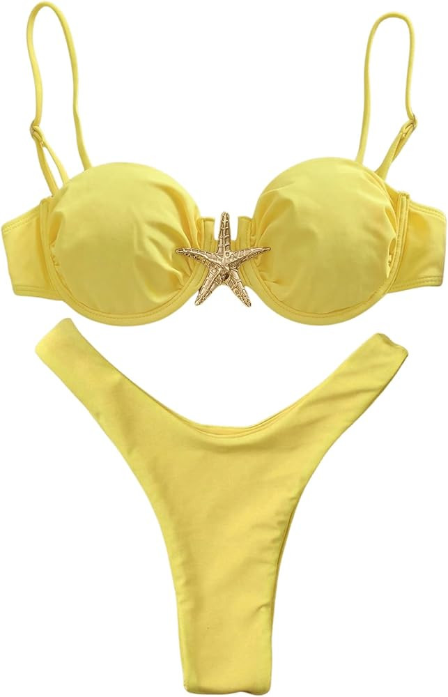 OYOANGLE Women's Bikini Set Starfish Ruched High Cut Thong Solid 2 Piece Beachwear | Amazon (US)
