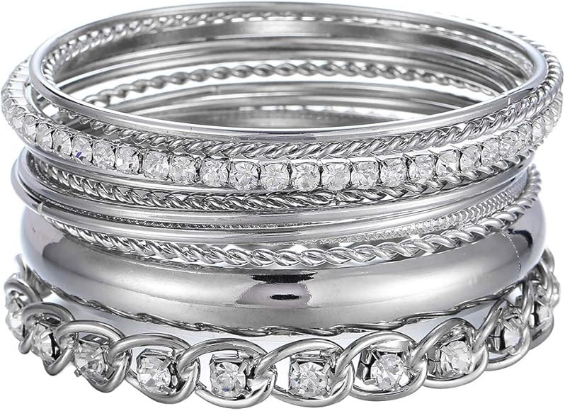Twisted Multiple Metal Bracelets & Bangles Set for Women 12Pcs/Set W/Clear Rhinestones | Amazon (US)