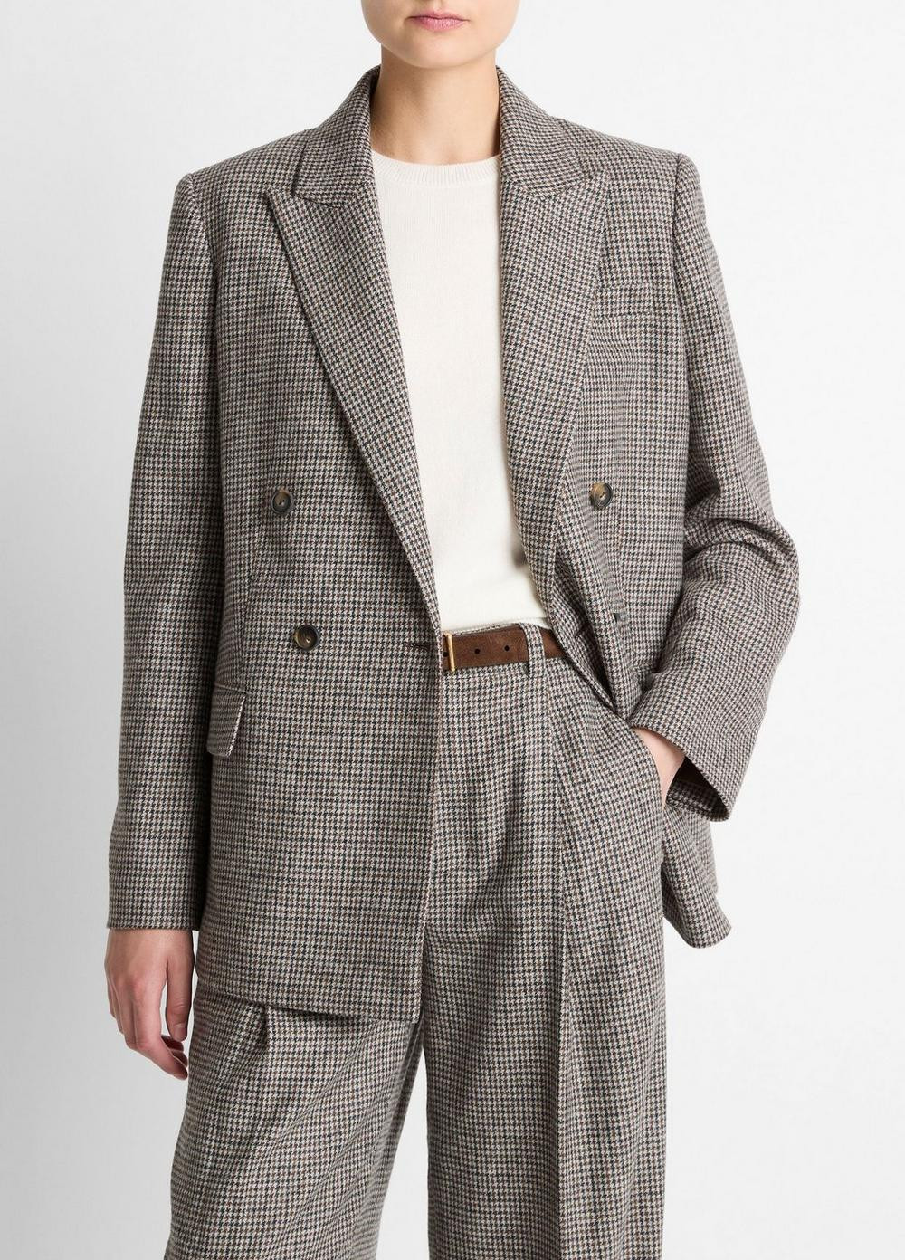 Women's Plaid Wool-Blend Double-Breasted Blazer, Cacao Houndstooth, Size 14 Vince | Vince LLC