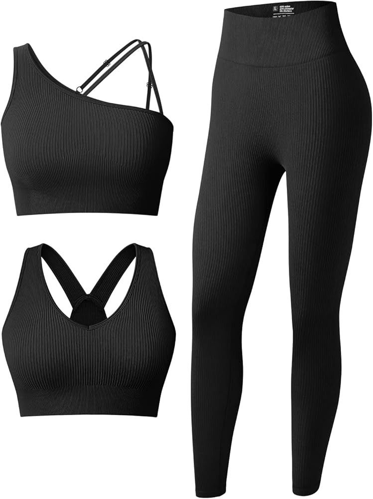 OQQ Women's 3 Piece Outfits Ribbed Seamless Exercise Scoop Neck Sports Bra One Shoulder Tops High... | Amazon (US)
