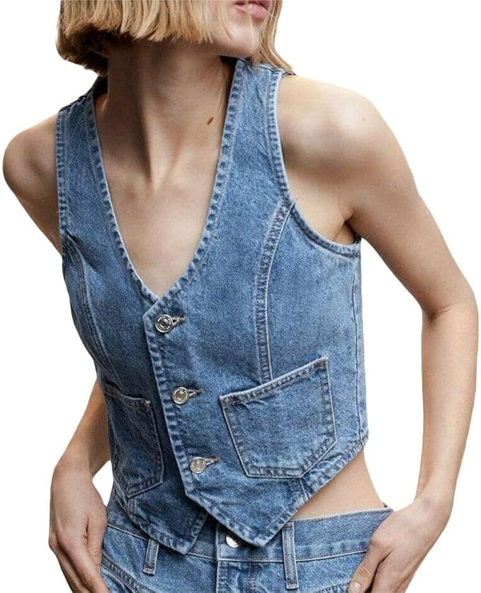 Women Sleeveless Button Down Denim Vest Deep V Neck Jean Tank Tops Sexy Going Out Solid Color Fit... | Amazon (US)