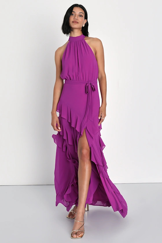 Iconic Flair Purple Asymmetrical Ruffled Halter Maxi Dress | Lulus (US)