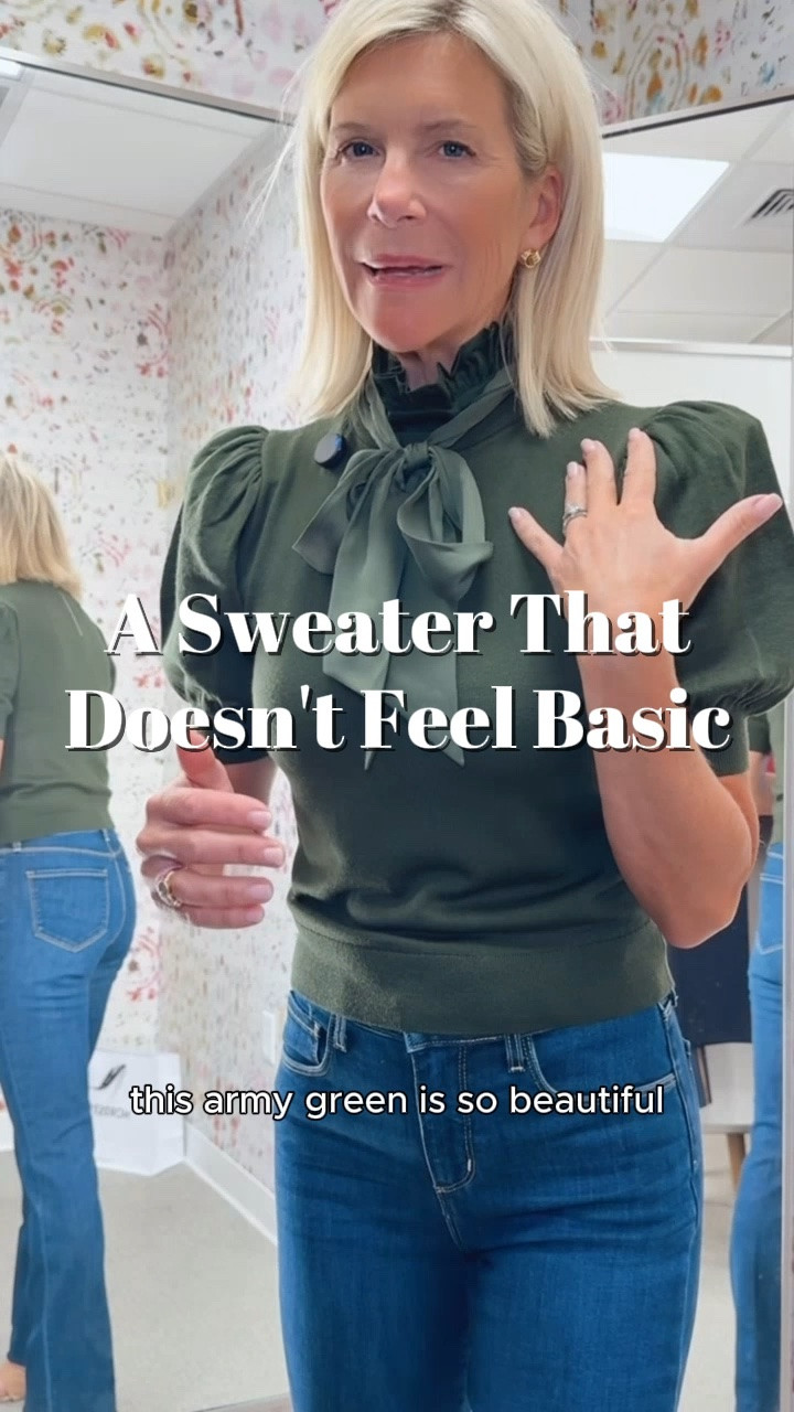 This sweater checked every box for me. I love the rich army green, the feminine bow neckline, and the puff sleeves that make it feel just a little more special than a basic knit. It looks just as good with jeans as it would with black pants or a skirt, making it one of those pieces I’ll wear all fall. I would size up if you’re between sizes since it runs a little small.

#LTKootd #LTKgrwm #LTKSaleAlert
