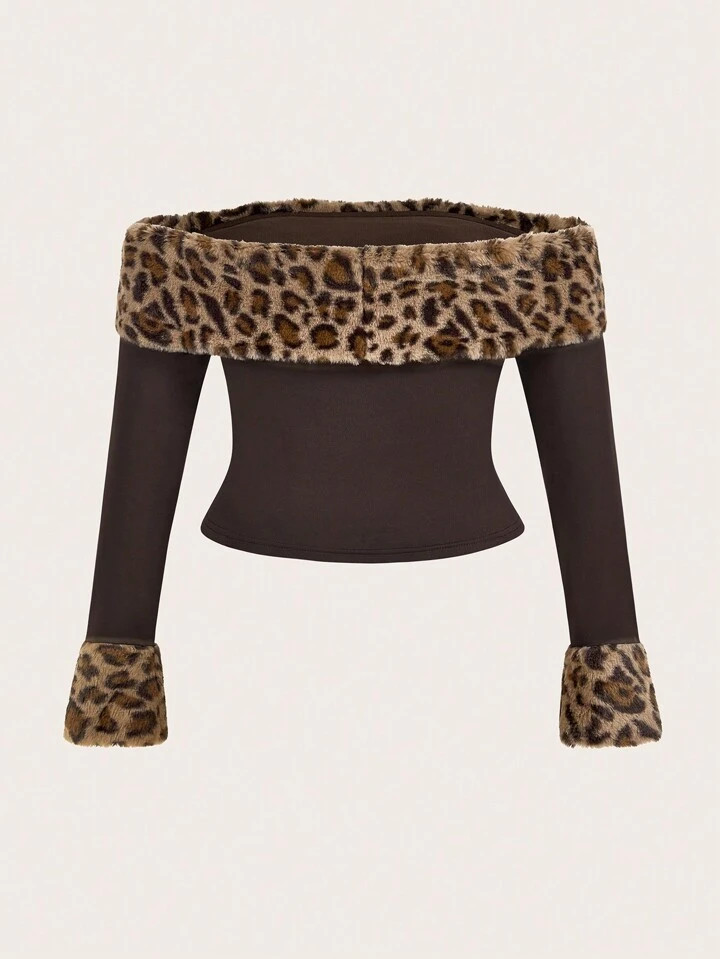 SHEIN ICON ICON Plus Size 1pc Off-Shoulder Leopard Print Plush Long Sleeve Y2K Fall Winter Women ... | SHEIN