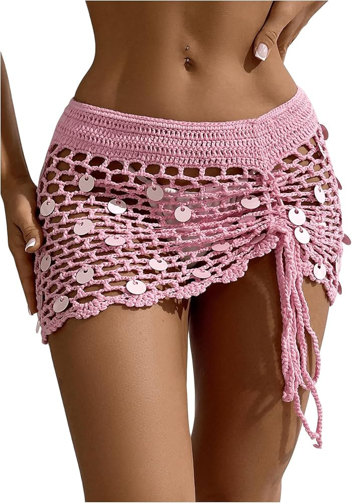 SHENHE Women's Crochet Bikini Cover Up Sequin Hollow Out Beach Mini Skirt Swimsuit Cover Ups | Amazon (US)