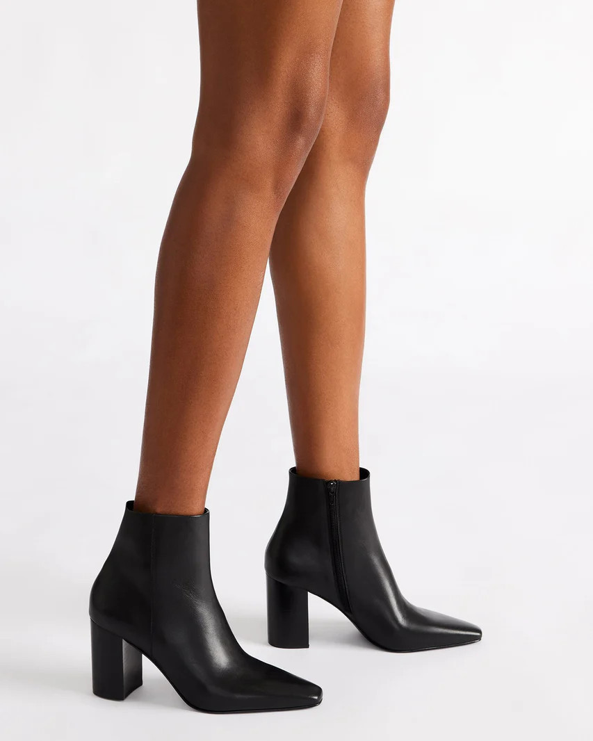 AIDAN Black Leather Block Heel Ankle Boot | Women's Booties | Steve Madden (US)