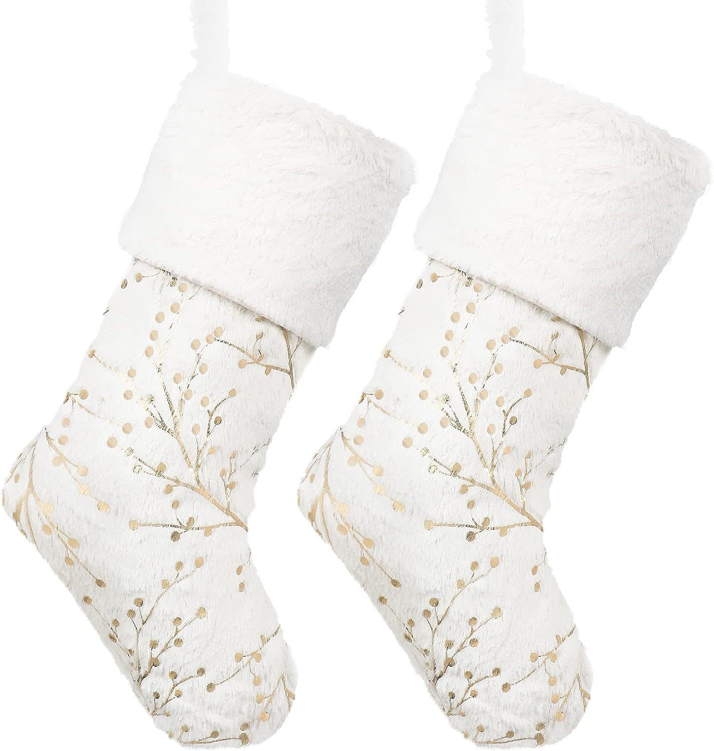 YOSICHY 18” Christmas Stockings White Plush Faux Fur with Glitter Gold Berries Snowy Xmas Hangi... | Amazon (US)