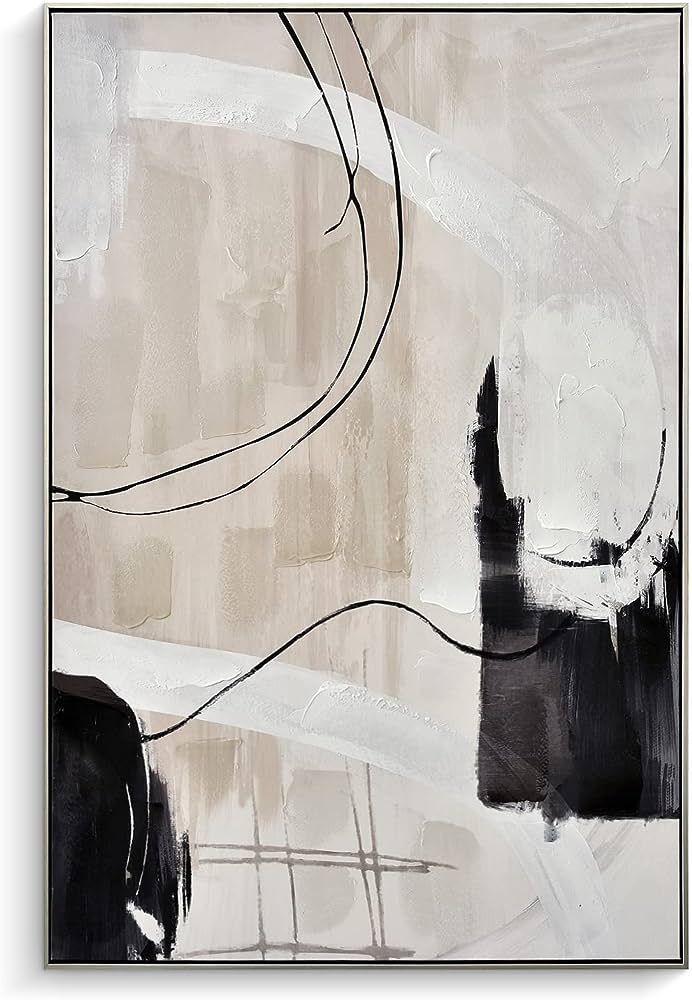 Creoate Framed Wall Art, Abstract Hand Painted Textured Canvas Wall Art Modern Large Size Black and White Home Decor for Living Room Wall Decor, Ready to Hang | Amazon (US)