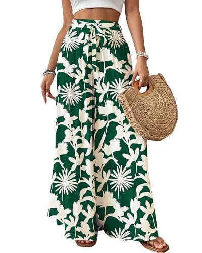 Bsubseach Wide Leg Pants Woman Flowy Floral Palazzo Pants for Women High Waisted Summer Casual Trousers Cruise Outfits Dark Green | Amazon (US)