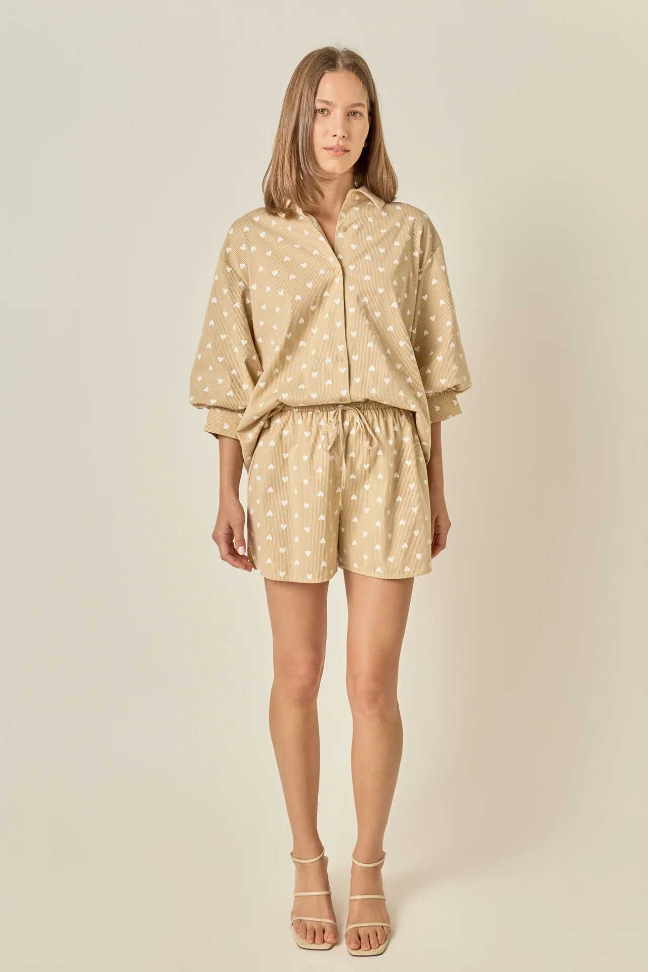 Heart Print Pinstripe Volume Sleeve Shirt | English Factory
