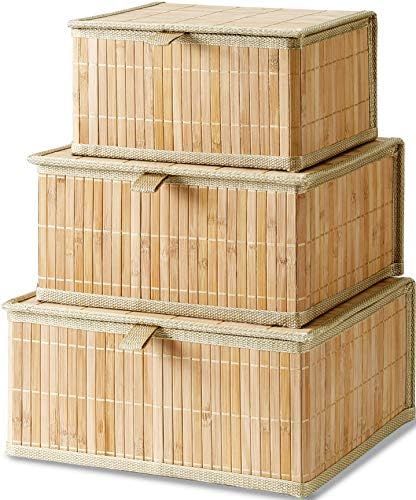 Honygebia Bamboo Decorative Storage Boxes - Rectangle Lined Basket with lids Organizer for Shelf (Se | Amazon (US)