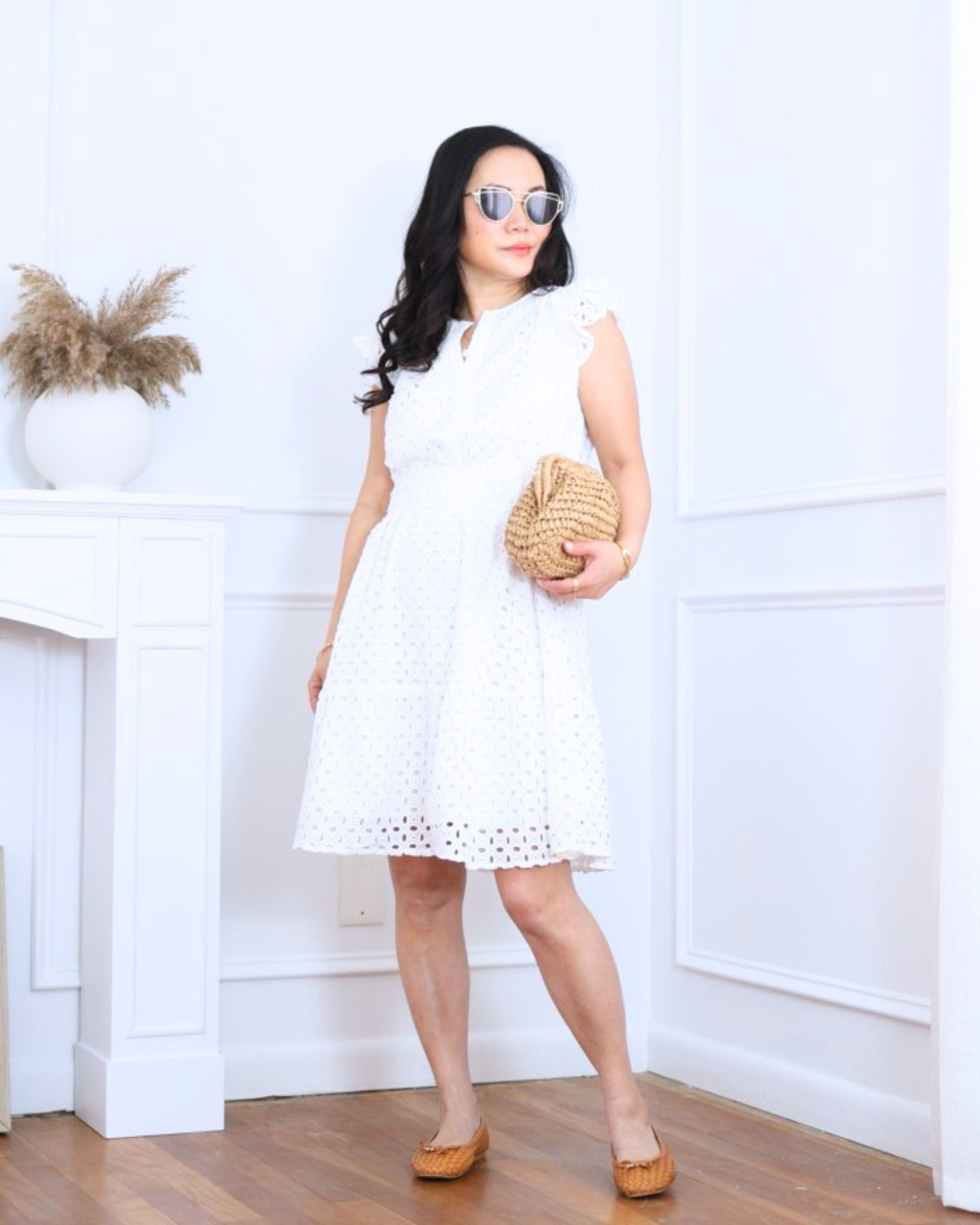 Eyelet white dress paired with a raffia clutch from Amazon and woven cognac flats from Steve Madden — fresh, feminine, and effortlessly polished for sunny days. I’m 5’2, wearing size XS.

#LTKootd #LTKOver40 #LTKPetite