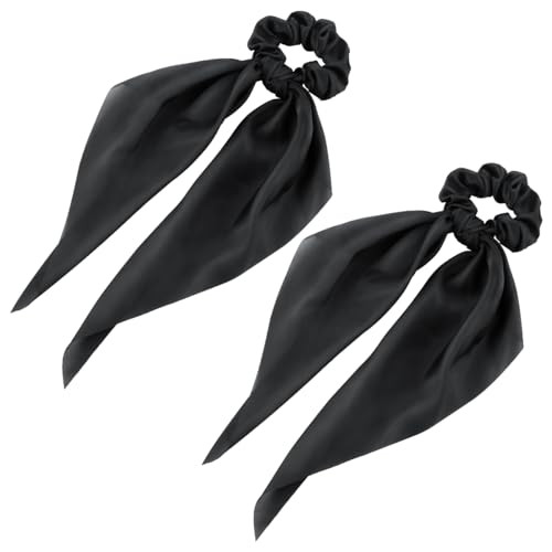 2 Pcs Knotted Bow Satin Hair Scrunchie Hair Scarf with Tail Hair Scrunchies Elastic Hair Scarf Ponytail Holder for Women and Girls (Black) | Amazon (US)