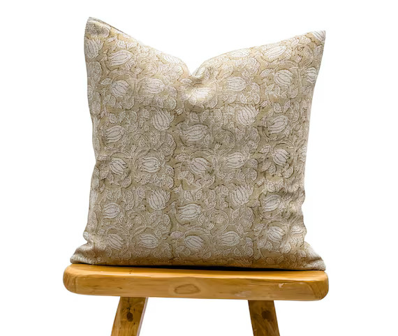 Designer Floral in Tan Beige on Natural Linen Pillow Cover | Etsy | Etsy (US)