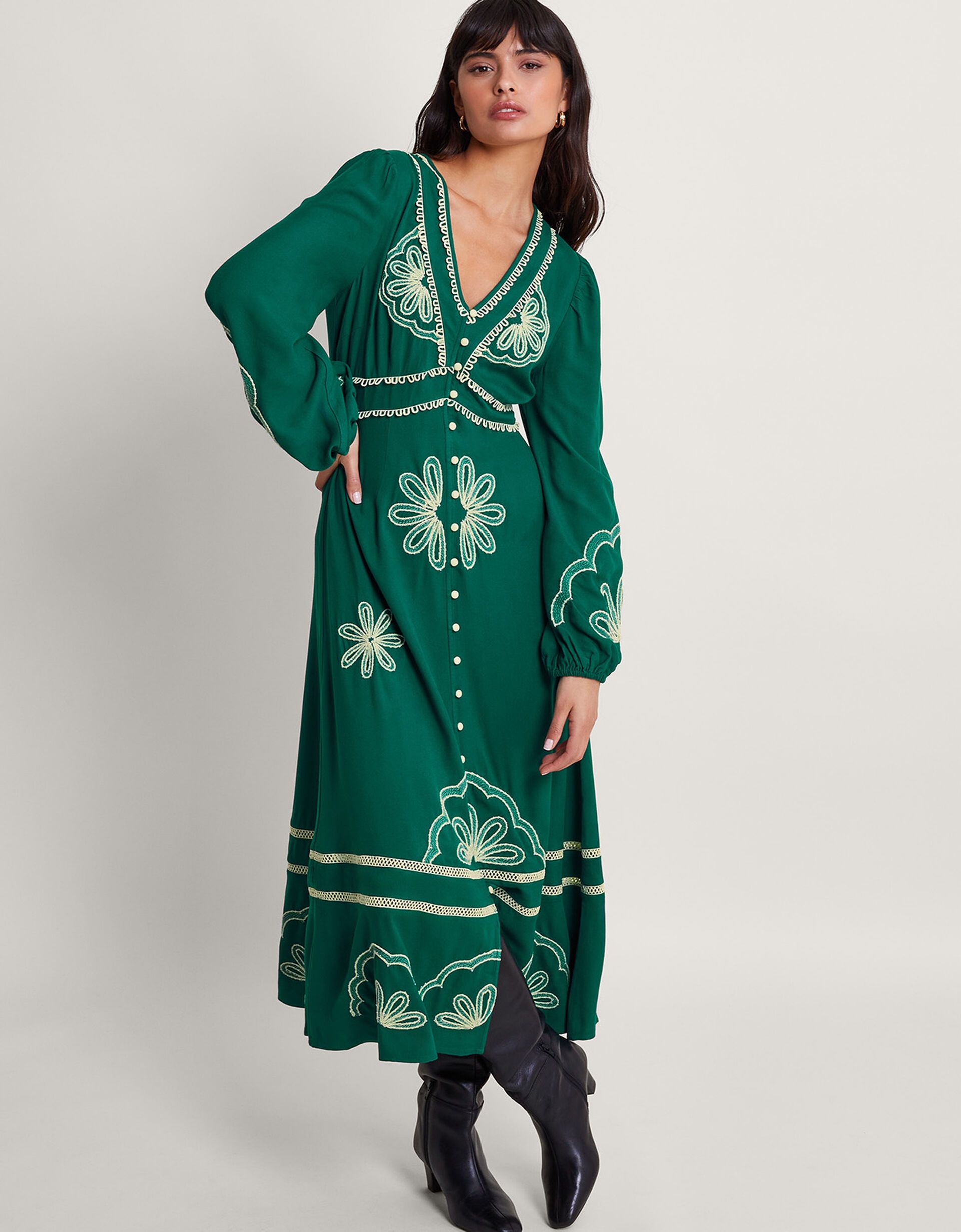 Clio Embroidered Dress Green | Monsoon (UK)