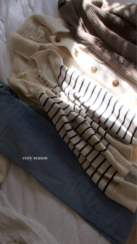 Cozy sweater season 🕊️ 

Brown cardigan is currently 25% off with code TYLERHARLESS_25. Runs large, I sized down. 

Sezane Striped Sweater: true to size but size UP for a more relaxed fit. 

#LTKsalealert #LTKSeasonal #LTKCyberweek