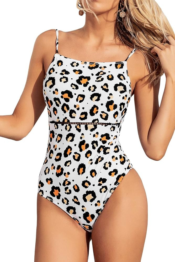 CUPSHE Women's One Piece Swimsuit Square Neck Leopard Print Low Back Swimwear Bathing Suits | Amazon (US)