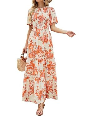 ZESICA Women's 2025 Summer Casual Floral Print Short Flutter Sleeve Crew Neck Smocked High Waist ... | Amazon (US)