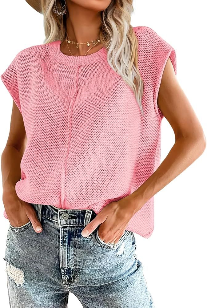 OFEEFAN Sweater Vest for Women Cap Sleeve Tops Knit Lightweight Sweaters XS-XL | Amazon (US)