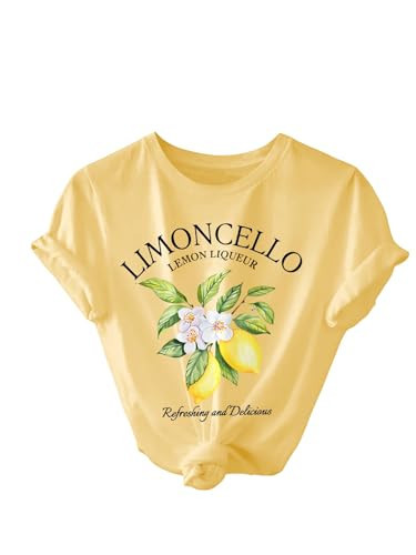 SweatyRocks Women's Lemon Shirts Letter Fruit Printed Graphic Tees Short Sleeve Casual T-Shirt Light Yellow X-Small | Amazon (US)