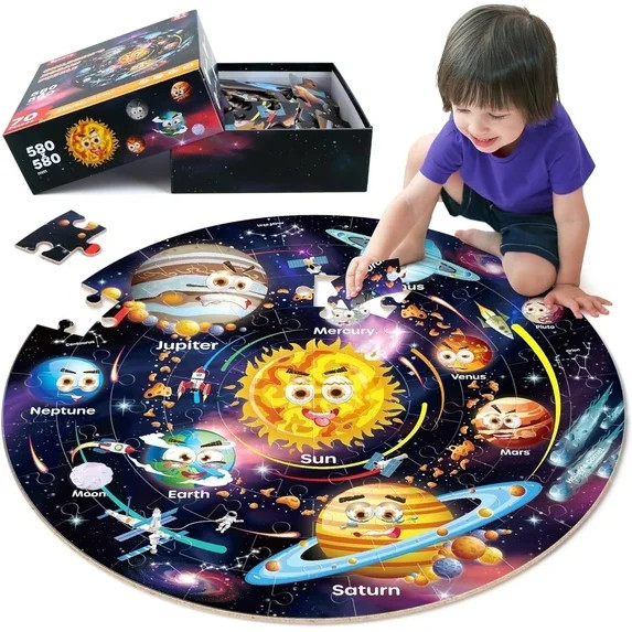 SYNARRY Solar System Floor Puzzle for Kids Age 3-8, 70-Piece Large Wooden Jigsaw Puzzle Set, FSC ...