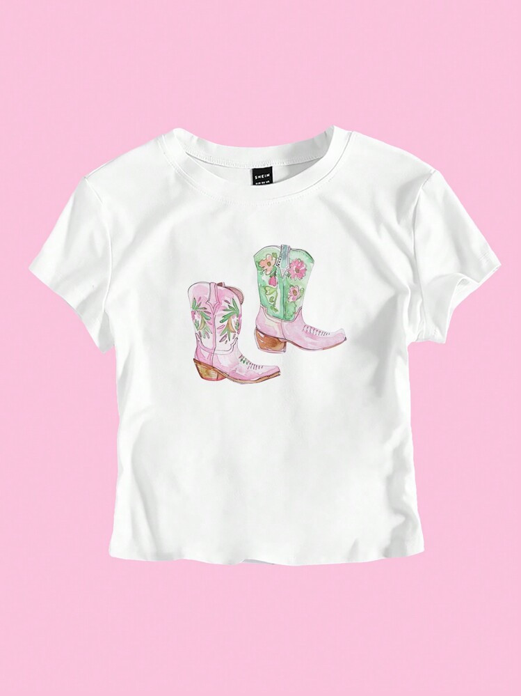 Flirla Summer White Women T-Shirt Cropped Tee Western Boot Print Western Elements Navel-Baring Graphic Tees Women Tops | SHEIN