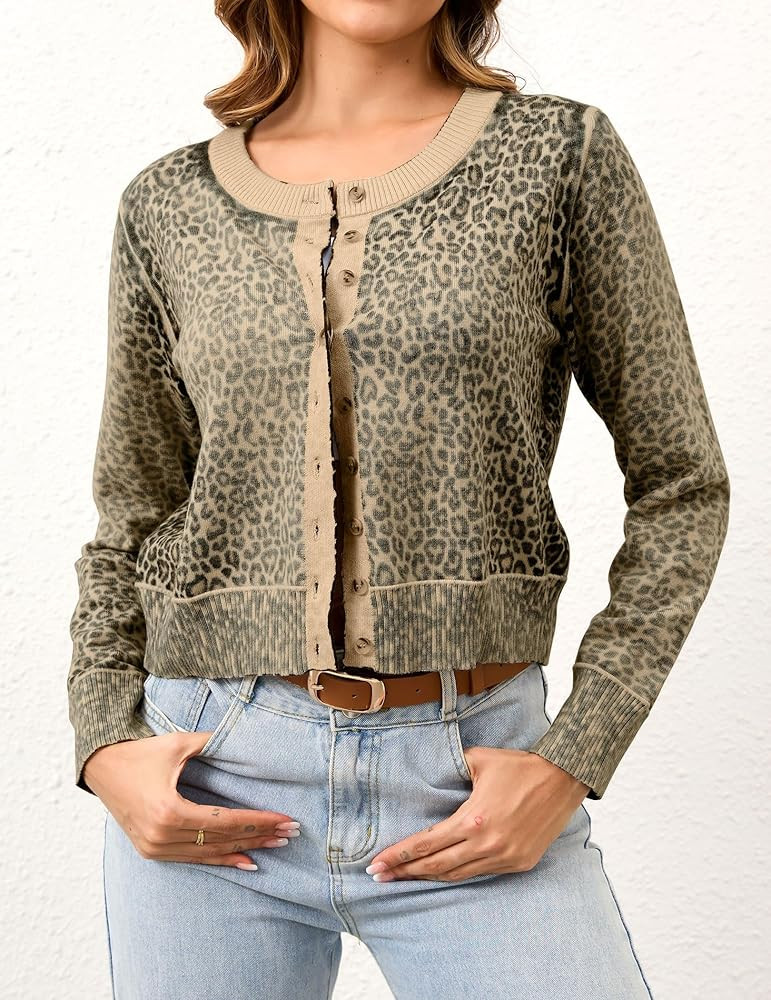 Leopard Cardigan Open Front Button Up Sweaters for Women Long Sleeve Shrug Cheetah Print Top Crop... | Amazon (US)