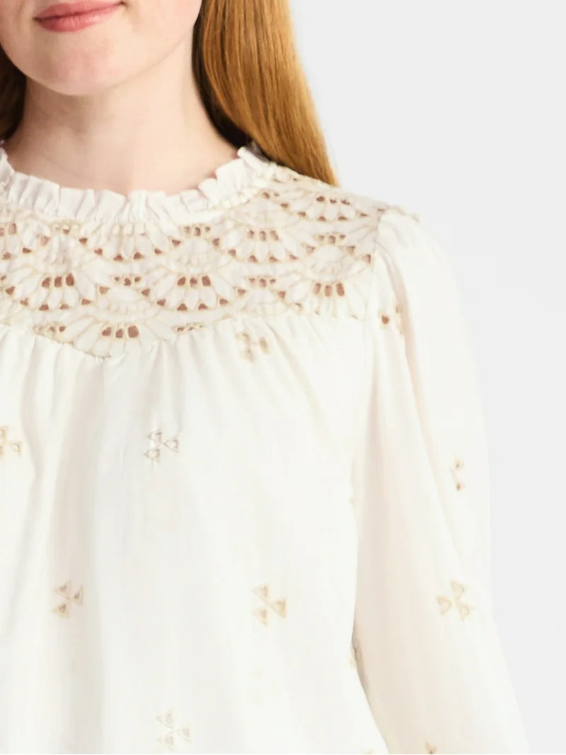 Time and Tru Women's Cotton Eyelet Blouse with Long Sleeves, Sizes XS-XXXL | Walmart (US)