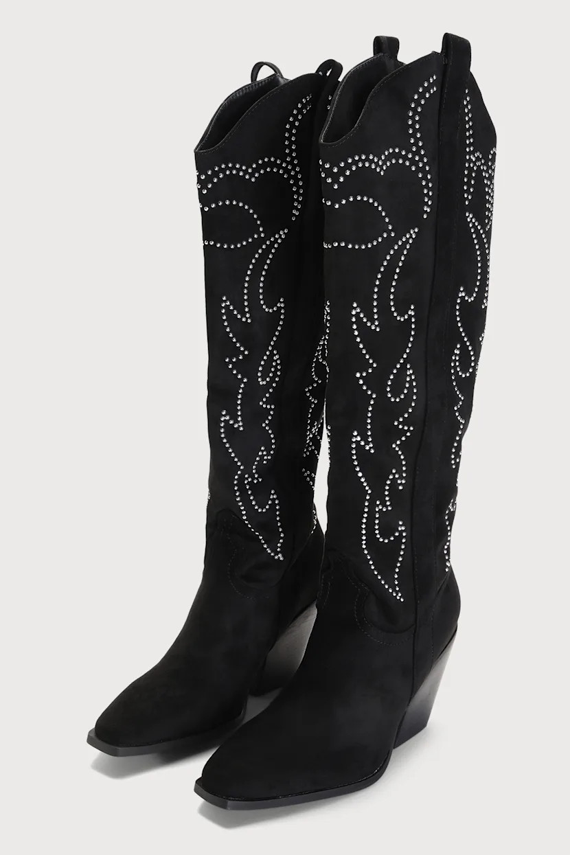 Celara Black Suede Knee-High Studded Western Boots | Lulus
