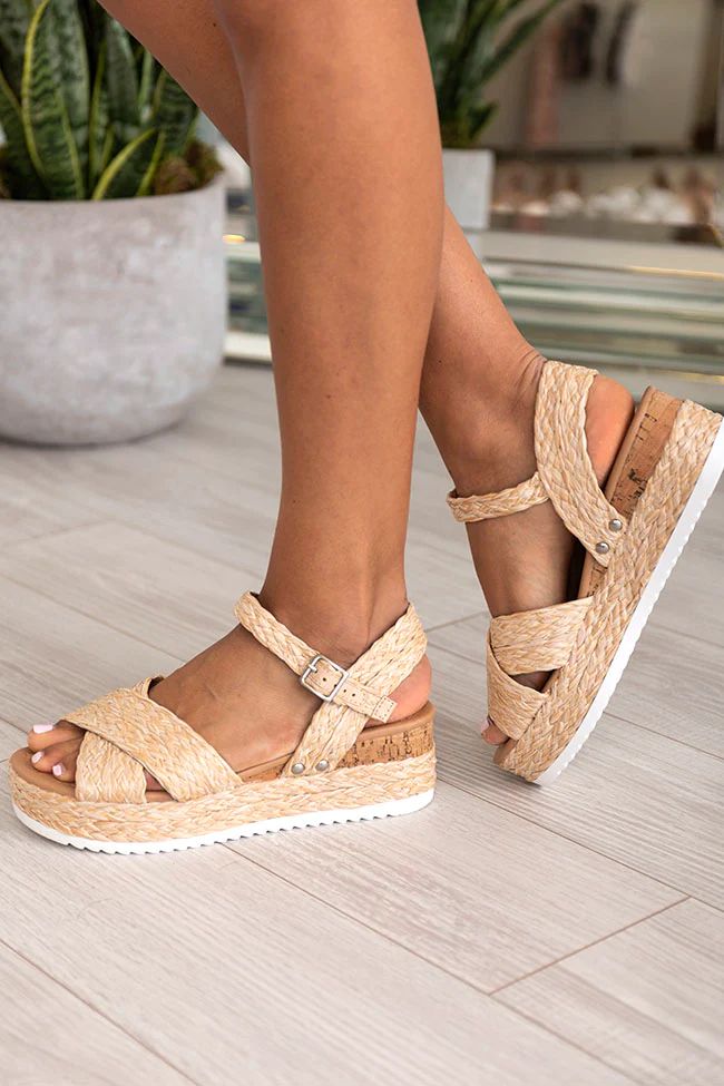 Tyra Beige Braided Raffia Wedges | The Pink Lily Boutique