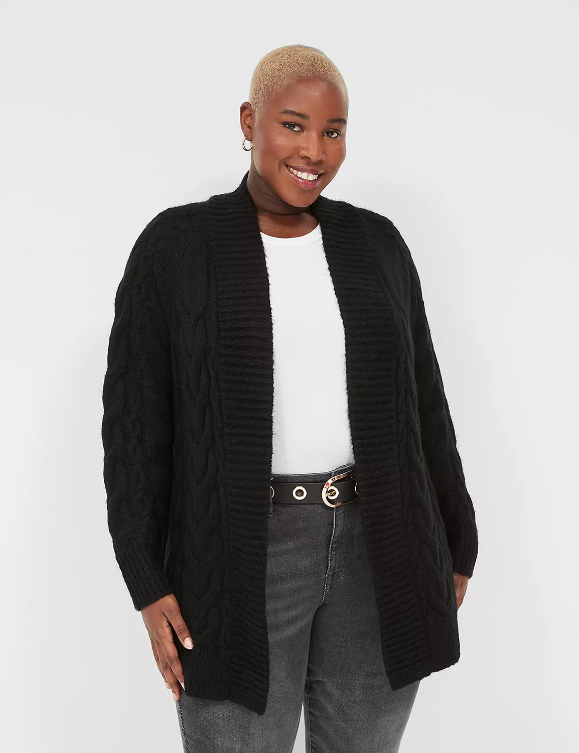 Lane Bryant Open-Front Cable Knit Cardigan 14/16 Black | Lane Bryant (US)