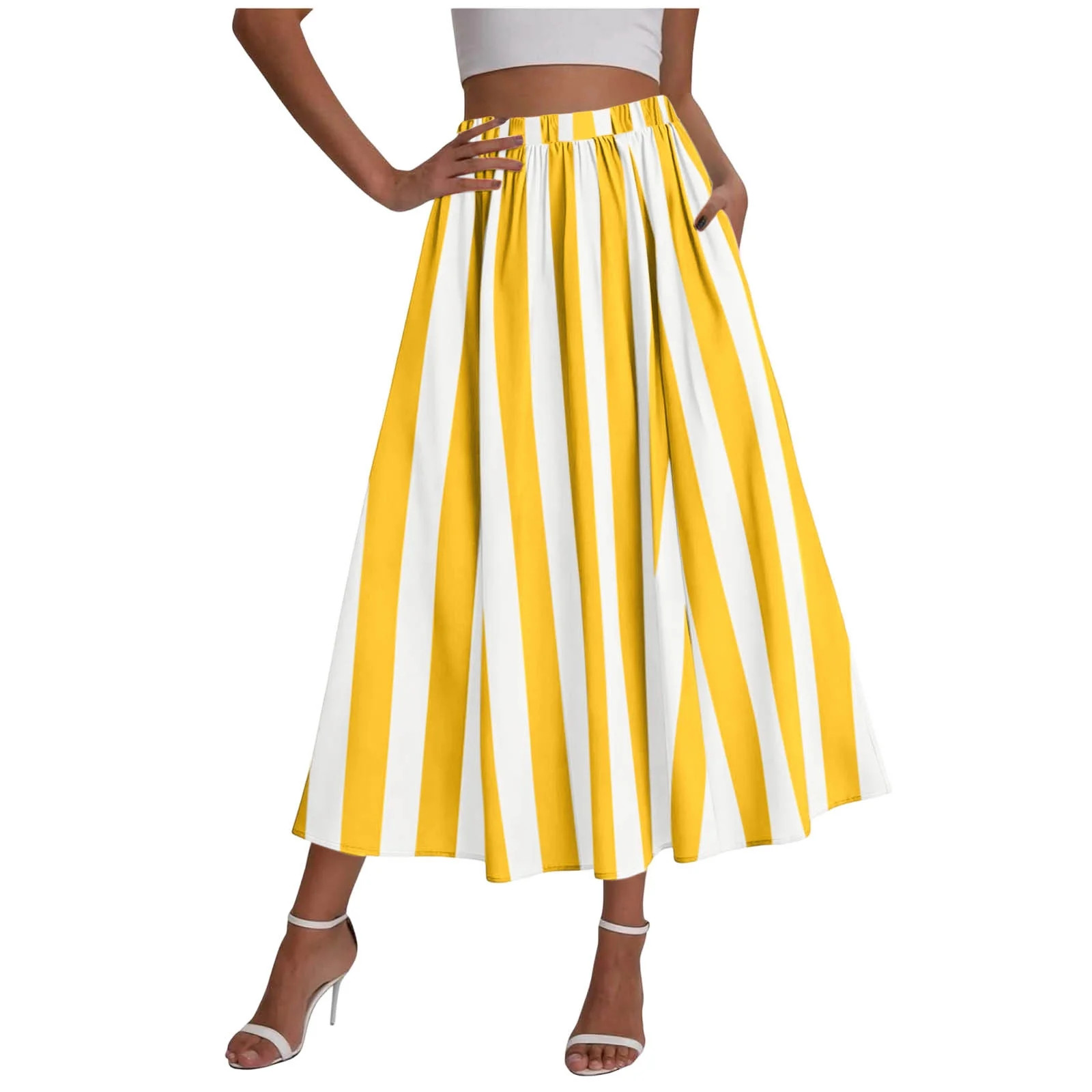 Miluxas Womens Summer Striped Maxi Skirts A-Line Elastic Waist Flowy Skirt Beach Vacation Outfits... | Walmart (US)
