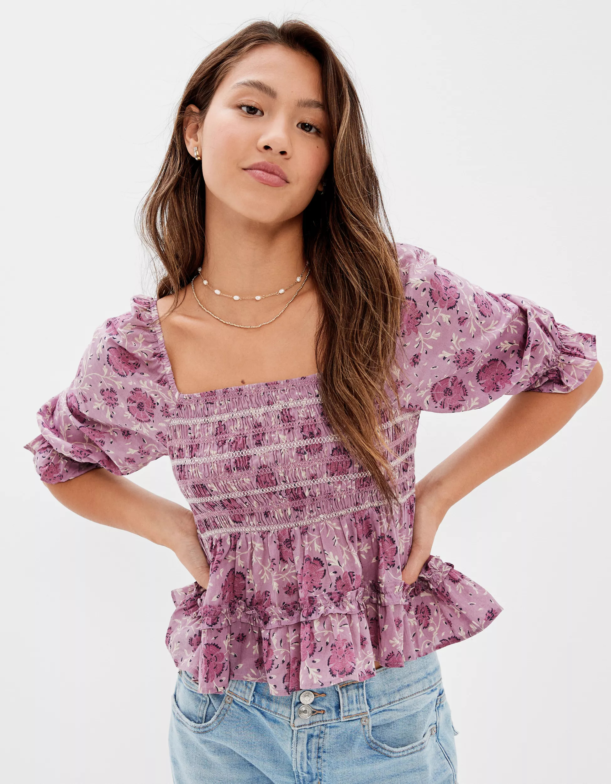 AE Square Neck Smocked Babydoll Blouse | American Eagle Outfitters (US & CA)