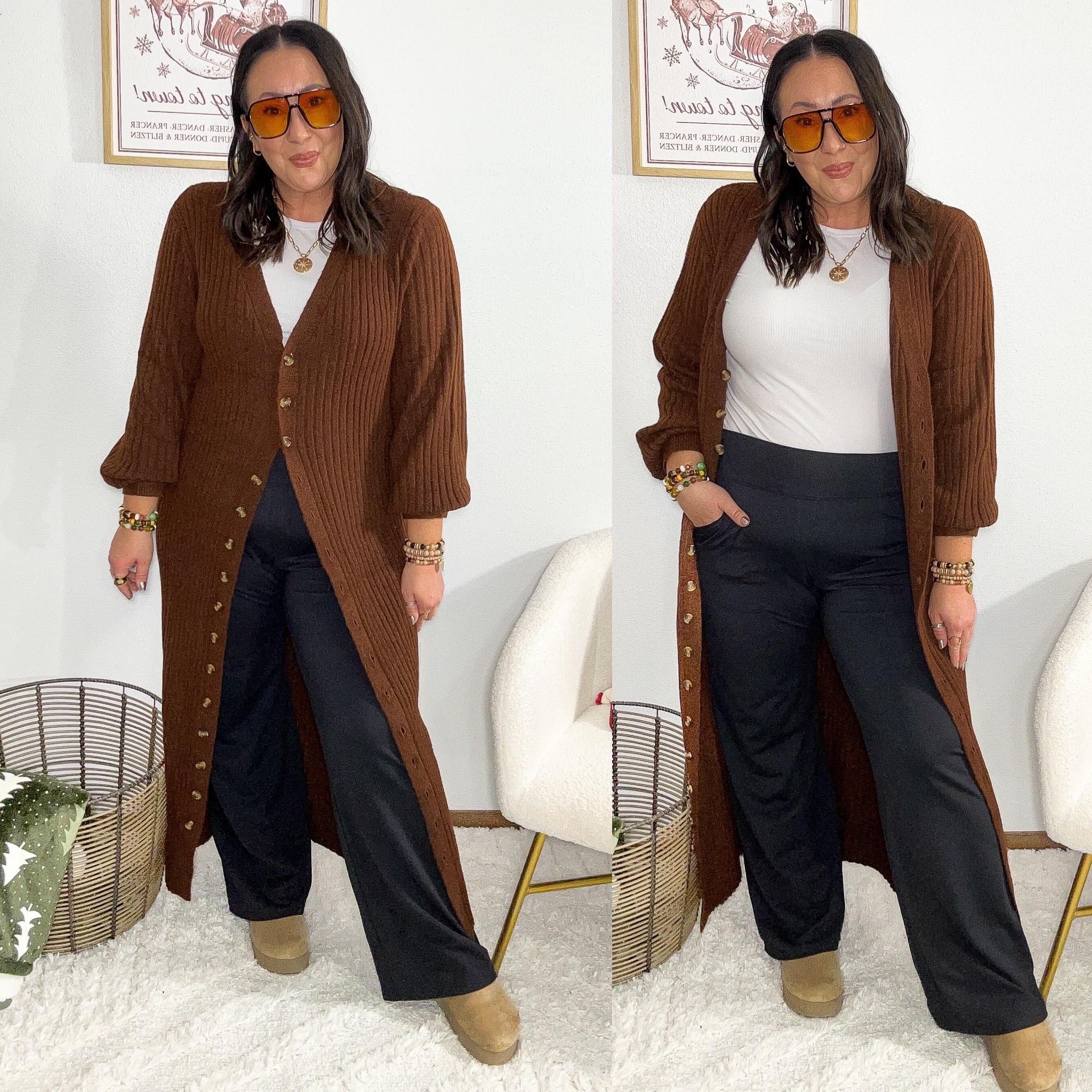 @amazon 🦃 day fit! XL duster cardigan. XL ribbed crewneck top. XL comfy wide leg pants. Clogs run true to size. Ready for my sister’s dining room! 

#LTKCyberWeek #LTKootd #LTKOver40