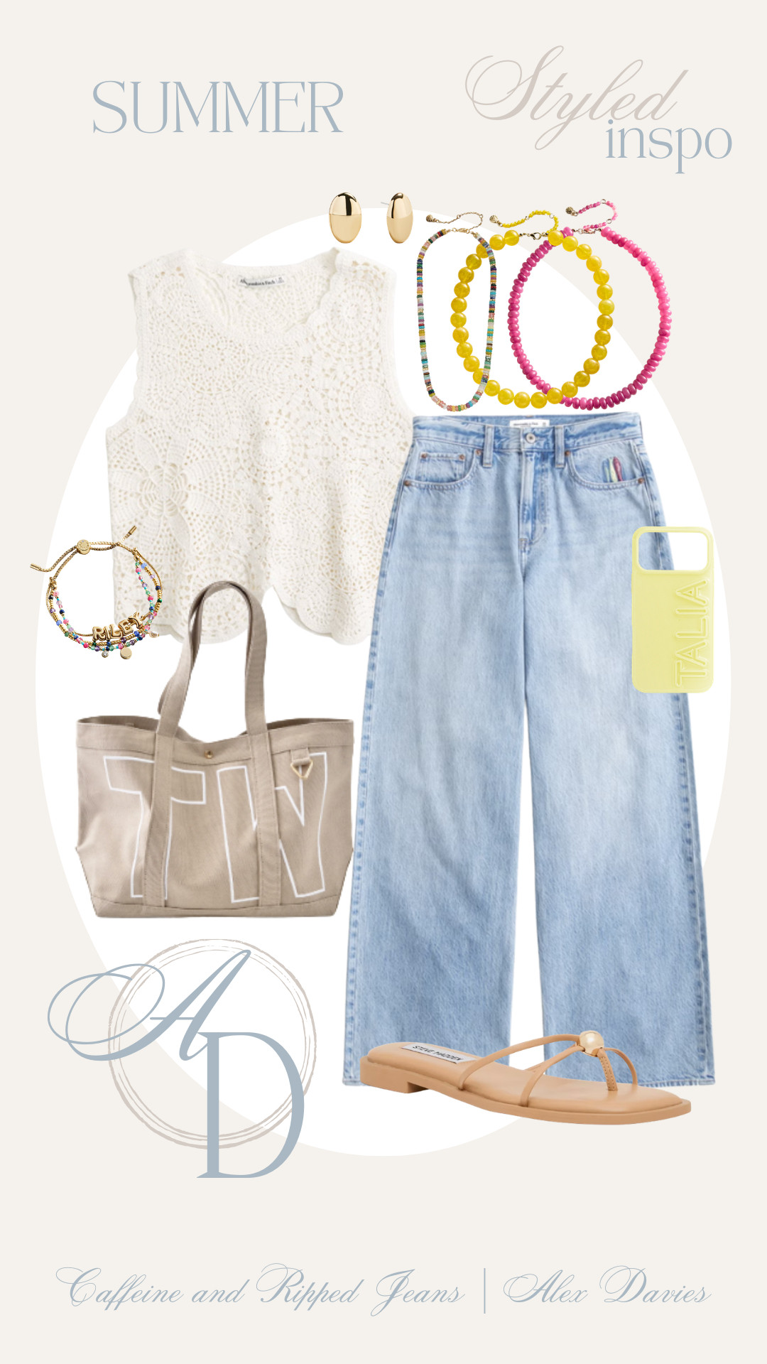 // embroidered jeans // shell top // summer outfit inspo // wide leg denim // sandals // phone case // necklace stack // bracelet stack // summer vacation outfit // summer outfit // 

 #LTKxAbercrombie #LTKootd #LTKSaleAlert