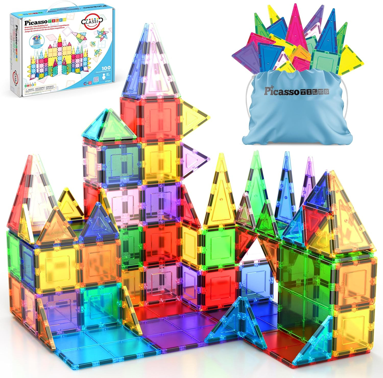 PicassoTiles 100 Piece Set 100pcs Magnet Building Tiles Clear Magnetic 3D Blocks Construction Playboards, Creativity Beyond Imagination, Inspirational, Recreational, Educational Conventional | Amazon (US)