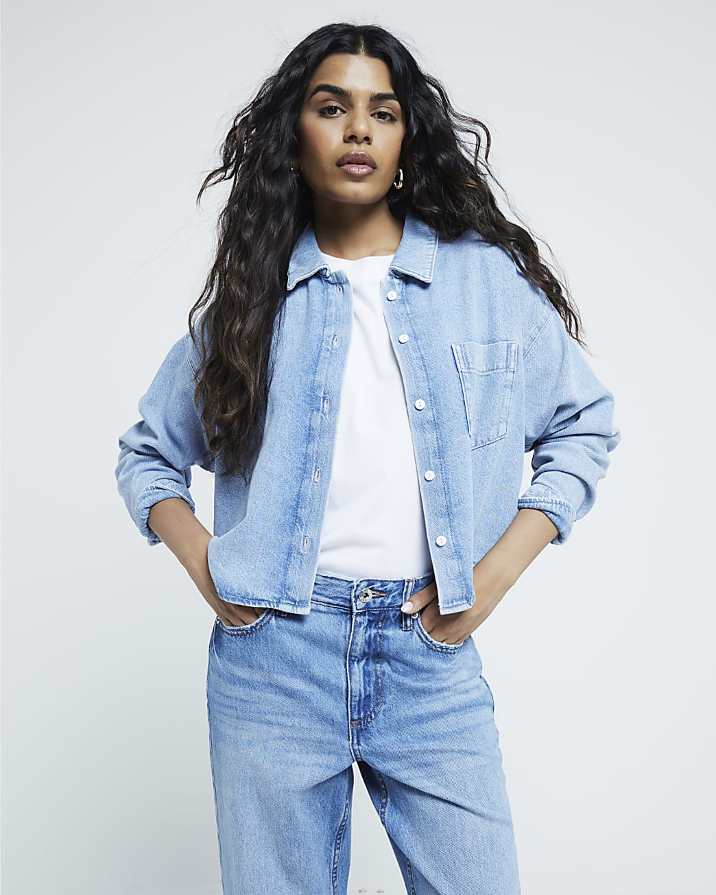 Petite Blue Denim Crop Shirt | River Island (UK & IE)