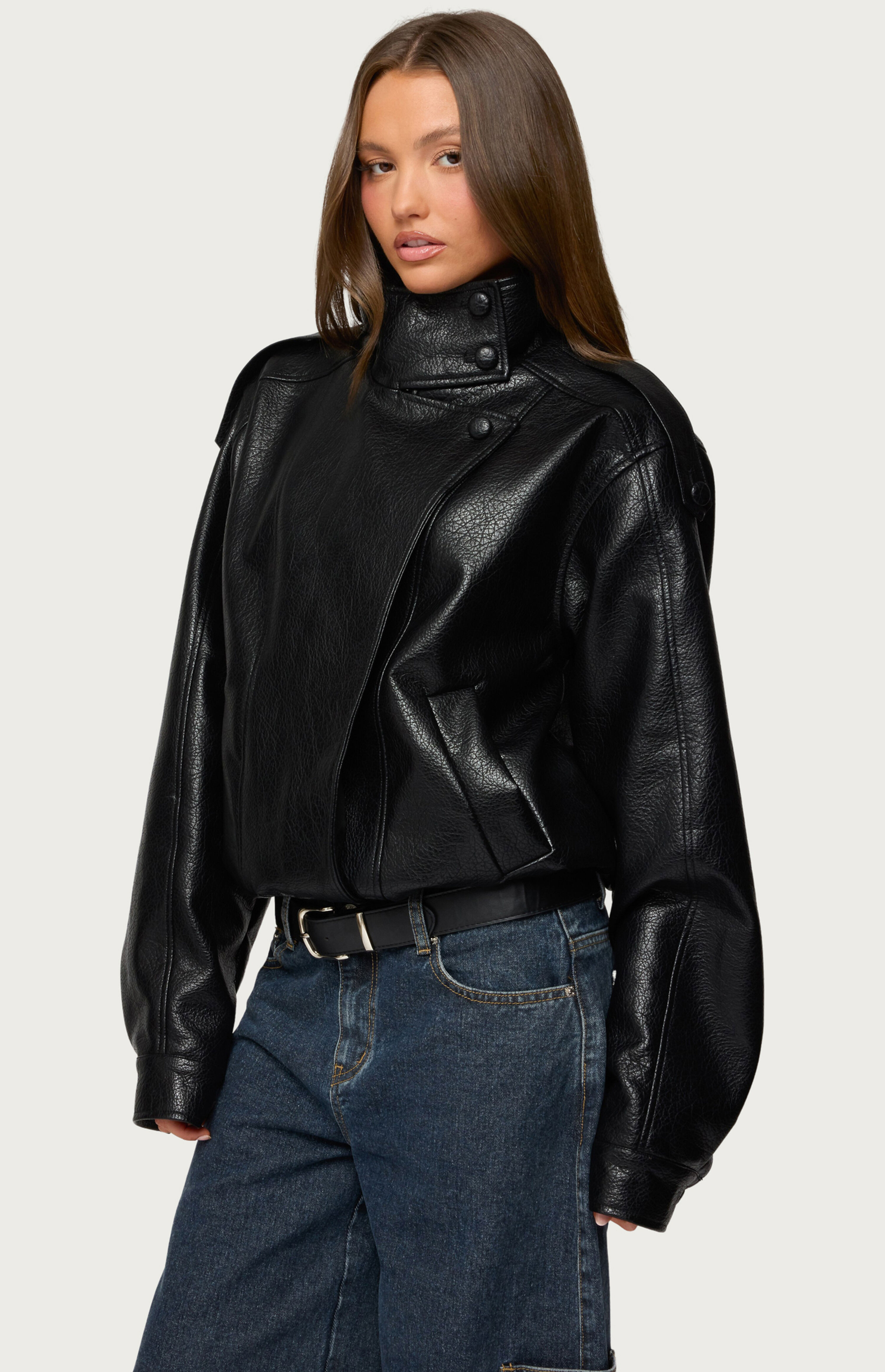 Edikted Jaicee High Neck Oversized Faux Leather Jacket | PacSun