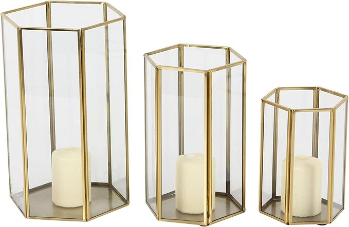 CosmoLiving by Cosmopolitan Glass Decorative Candle Lantern with Metal Plate, Set of 3 6", 8", 10... | Amazon (US)
