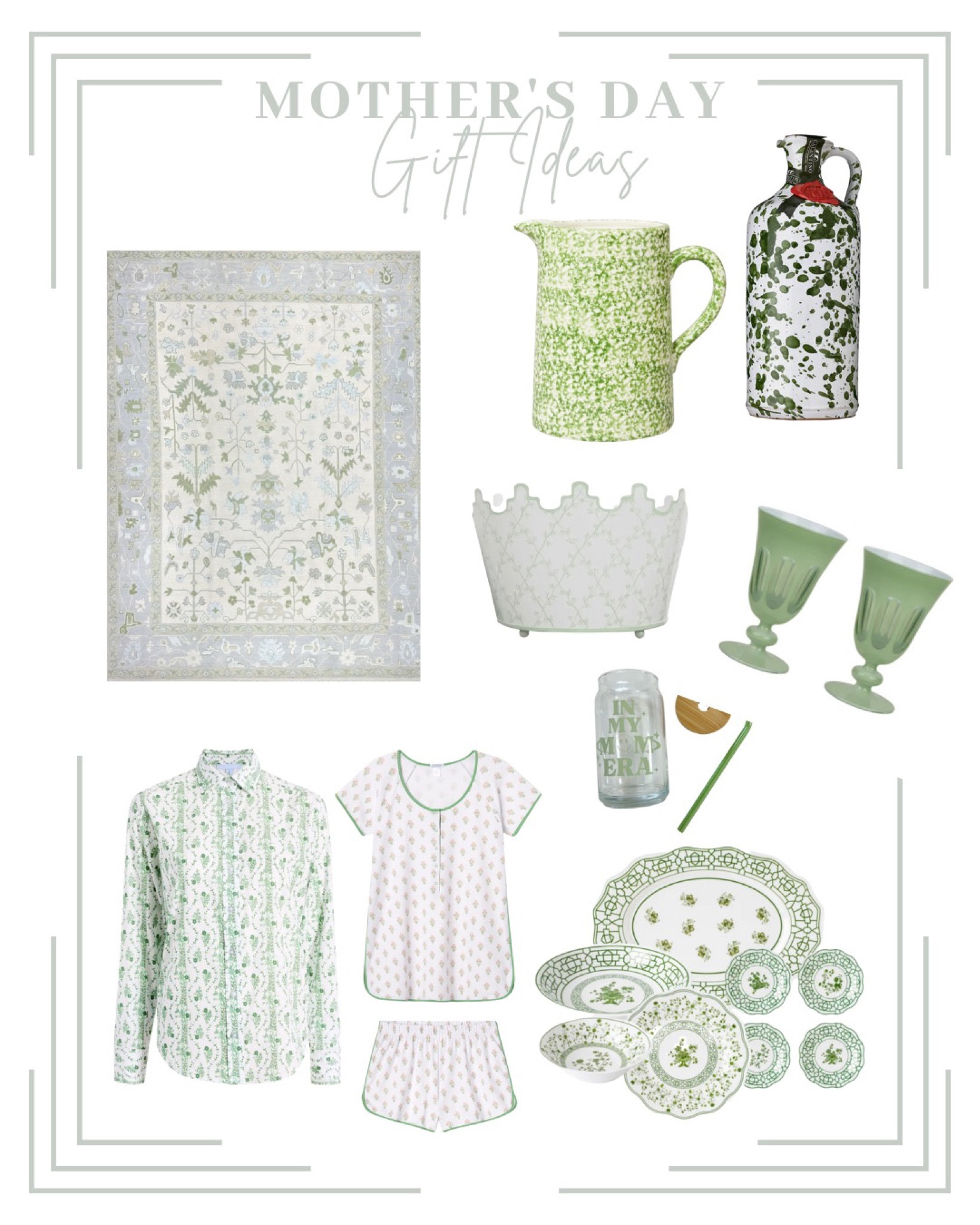 Gift Ideas for mothers and mother in laws! Get the perfect Mother’s Day gift for those that love classic style with a beautiful green theme! Featuring:
- In my mom era glass cup from Etsy
- Sage trellis scalloped planter
- the loom and company Fallon rug
- Tory Burch sponge ware pitcher
- hill house home James shirt
- Pima maternity shorts set maternity
- spring garden melamine service set 
- modern silhouette portrait custom thoughtful frame moss green
- sage green checkered blanket
- Frantoio hand painted ceramic mug with olive oil

#LTKkids #LTKGiftGuide #LTKbump