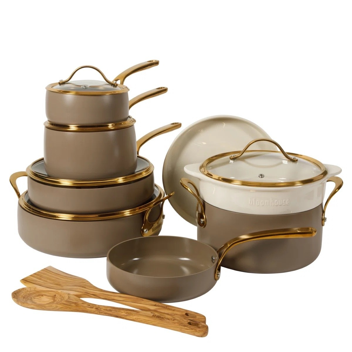 This 15-piece cookware set from Wayfair is such a pretty kitchen upgrade. I love the cappuccino cream finish with gold-tone handles, plus the coordinated saucepans, frying pans, Dutch oven, lids, and wooden utensils. The heavy-duty aluminum cookware has a PFA-free ceramic nonstick coating, so it’s as practical as it is pretty on the stove.
