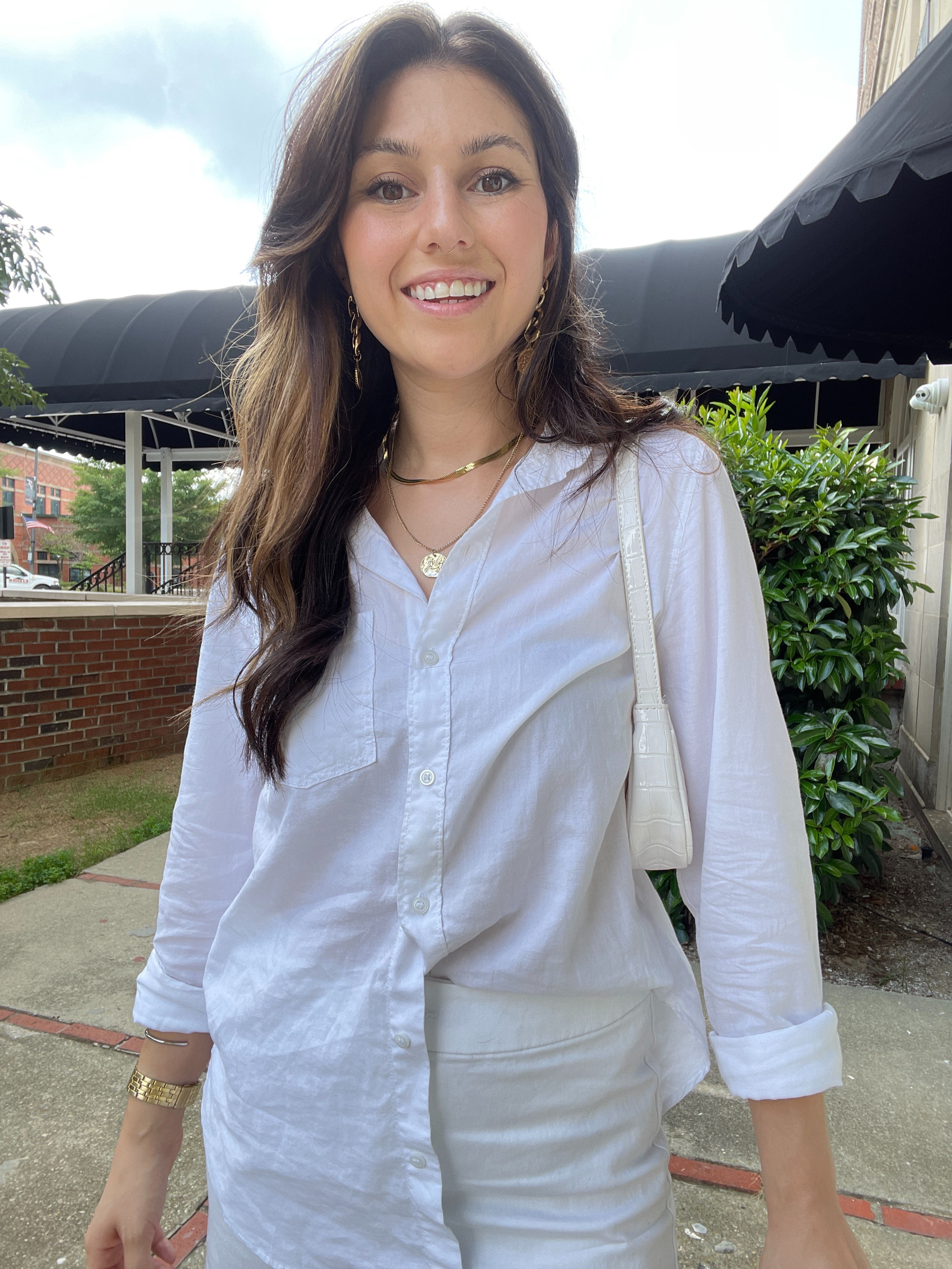 All white summertime outfit, women’s fashion, summer fashion for a casual mom on the go. A white button up top from Jcpennys, white shorts originally from Jcpenny, a white shoulder purse, and gold necklace and gold earrings. #ltksummer #summerstyle #summer25 #momfashion #momstyle #momsummer #allwhite #whiteoutfit #jcpenny 

#LTKFindsUnder100 #LTKStyleTip #LTKSeasonal