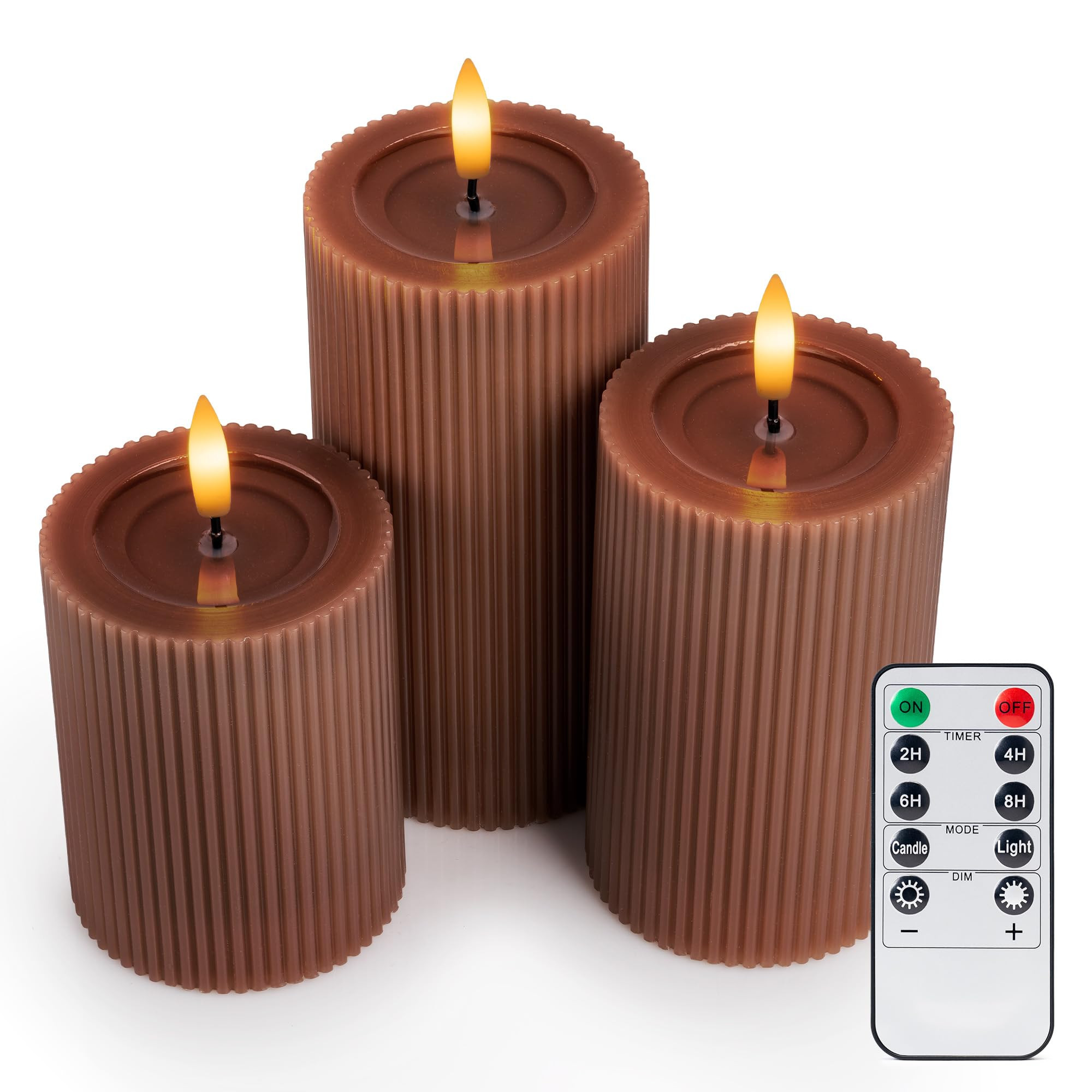 WYZworks Fluted Ribbed LED Pillar Candles, Brown, with Realistic Reflective Melted-Wax Effect –... | Amazon (US)