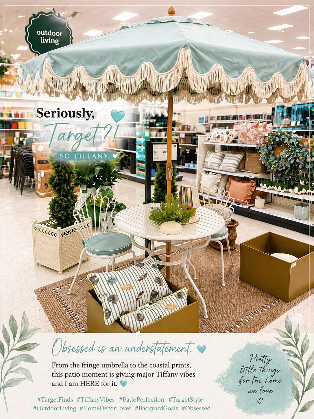 I’m sorry… since WHEN is Target serving Tiffany patio vibes like this?!

The fringe umbrella.
The soft mint tones.
The bistro setup that looks like it belongs at a boutique hotel.

I went in for one thing… and now I’m mentally redoing my entire backyard.

This is your sign — patio season is here, and it’s allowed to feel this elevated.

Follow me on LTK — I’ll be linking all the best finds like this 🤍

#TargetFinds #TargetHome #TargetStyle #PatioSeason #OutdoorLiving #BackyardInspo #PatioInspo #CoastalHome #TiffanyInspired #HomeDecorFinds #NeutralHome #SummerHome #LTKHome #LTKFinds #LTKStyle #HomeInspo #DecorInspo #SimpleHomeStyle #OutdoorDecor #Obsessed

#LTKU #LTKHome #LTKSeasonal
