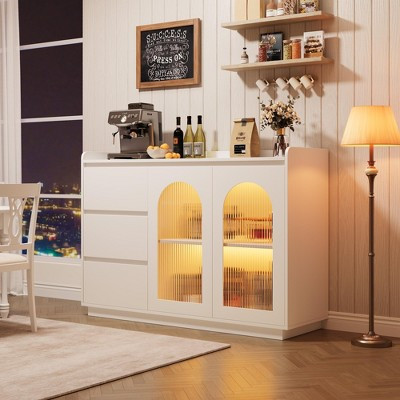 48" Modern Coffee Bar Sideboard with Glass Doors, 3 Drawers & Lighting - Kitchen Buffet Storage Cabinet for Dining Room & Living Room | Target