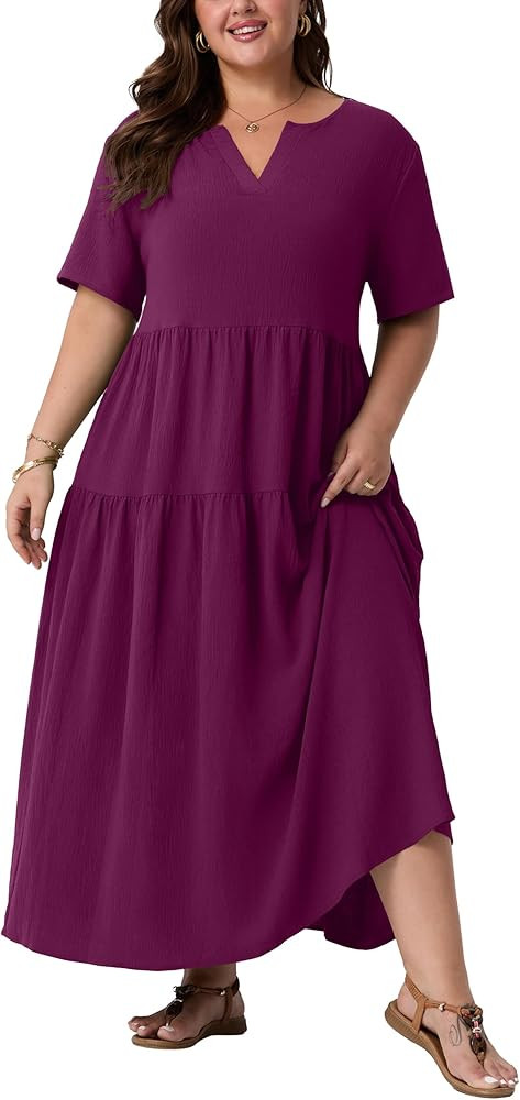OLRIK Plus Size Maxi Dresses for Curvy Women - Flowy Boho Summer Dress with Pockets, V-Neck Short... | Amazon (US)